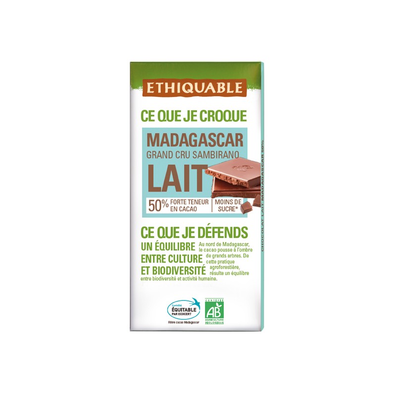 Chocolat lait 50% cacao Madagascar BIO 100g