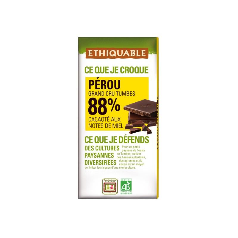 Chocolat noir 88% cacao Pérou BIO 100g